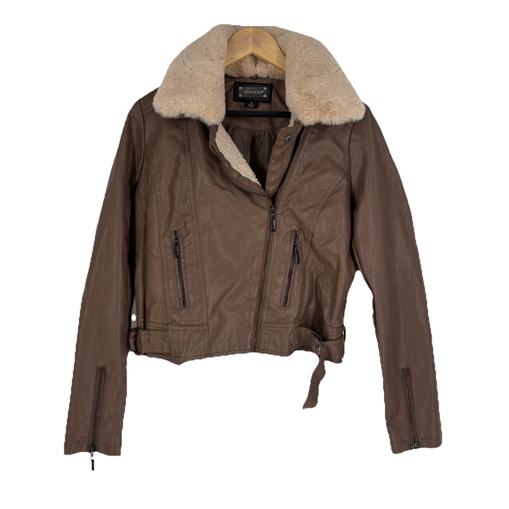 Y2K JouJou Womens Vegan Leather Moto Jacket Size L Taupe Fur Collar Retro